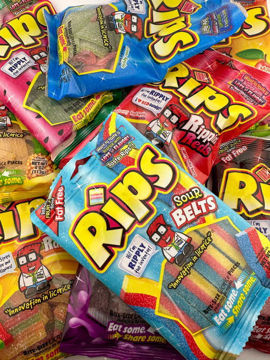 Rips Sour Belts piled up multi flavor rainbow color rippin reds watermelon cherry 